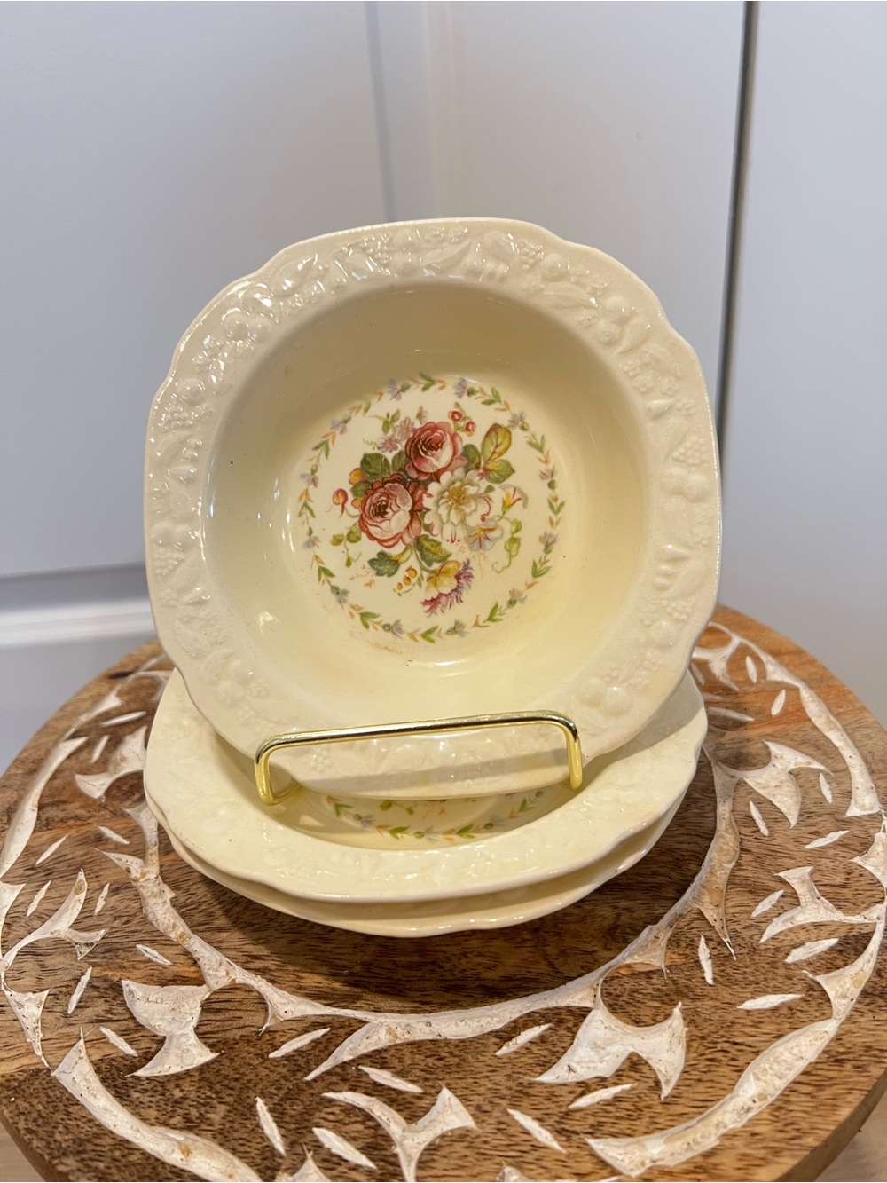 Vtg USA Crooksville Cream Floral Ceramic small Serving Bowls - Set of 3